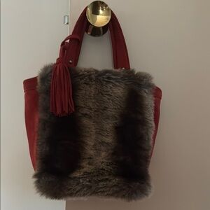 Anthropologie Miss Albright Red and Brown Faux Fur Tote